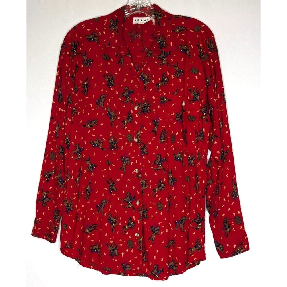 ilio Red Horseback Riders Top Button Up Long Sleeve Size M Vintage